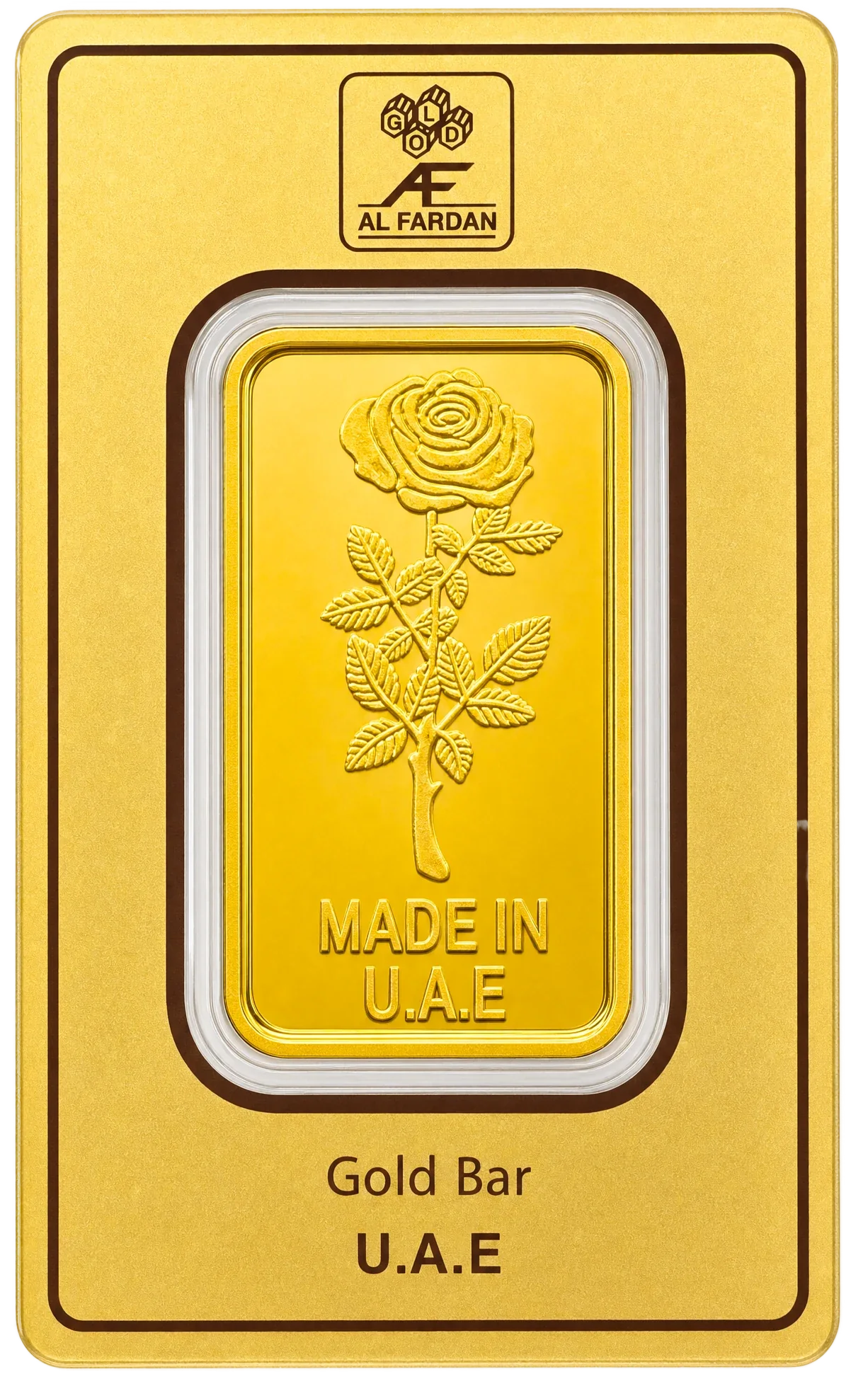 الوجه الخلفي لبطاقة سبيكة الفردان 5 تولة، بتصميم الوردة وعبارة MADE IN U.A.E